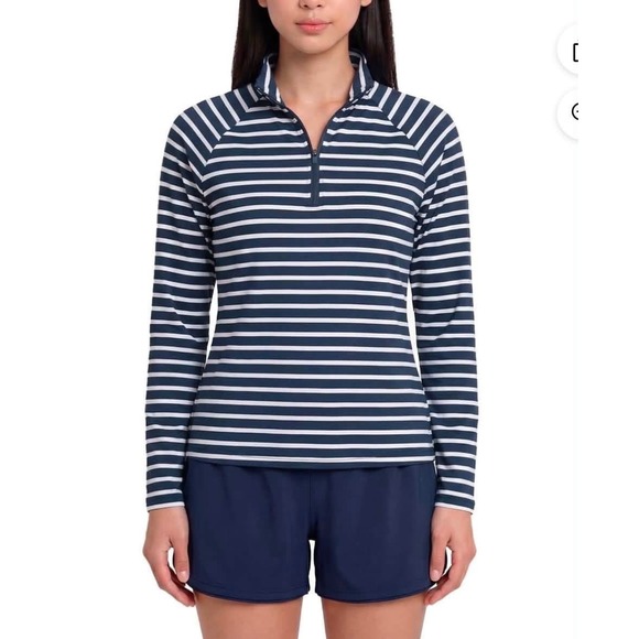 Lands' End Tops - Lands End Womens Quarter Zip‎ UV Tee Navy White Stripe UPF 50 Rash Guard L 14-16